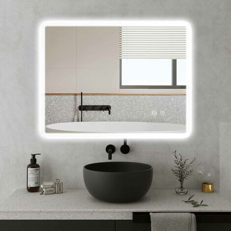 SaniteModar Miroir LED de Salle de Bain 50x70cm, Miroir de Salle de Bain avec Bande Lumineuse à Largeur Uniforme, Miroir Mural avec Lumières Tricolores, Anti-buée, Interrupteur Tactile