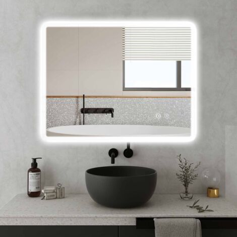 SaniteModar Miroir LED de Salle de Bain 60x80cm, Miroir de Salle de Bain avec Bande Lumineuse à Largeur Uniforme, Miroir Mural avec Lumières Tricolores, Anti-buée, Interrupteur Tactile