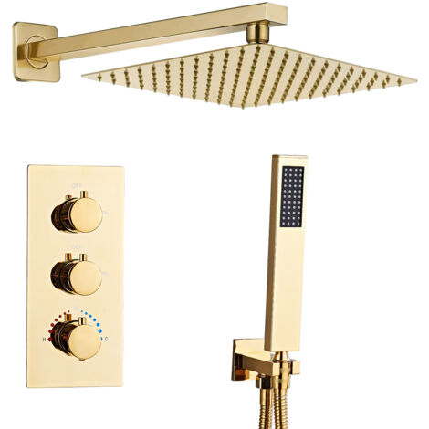 Sanitemodar – Colonne de douche encastrée thermostatique dorée – Douche de plafond 25x25cm – Pommeau en acier inoxydable – Vanne thermostatique pour température constante