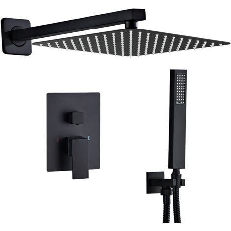 Sanitemodar – Colonne de douche encastrée noire – Douche de plafond 25x25cm – Douchette à main – Acier inoxydable – Installation facile