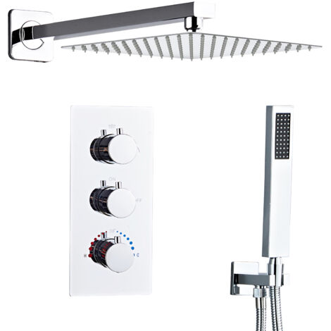 Sanitemodar – Colonne de douche thermostatique encastrée noire – Douche de plafond 25x25cm – Douchette à main – Acier inoxydable – Température constante 38°C (1/5)