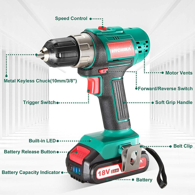 Cordless Drill Driver, HYCHIKA 18V Electric Drill, 35N·m with 2000mAh  Li-Ion Battery, 21+1 Torque Setting, 10mm Chuck, 2 Variable Speed