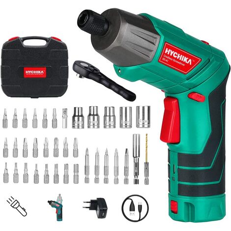 Electric Screwdriver, 6N·m Max Torque HYCHIKA Cordless Screwdriver 2000mAh 3.6V with 36 Accessories, LED Light and Rear Flashlight, Ratchet Wrench, Charging Adapter with USB Cable and Storage Box