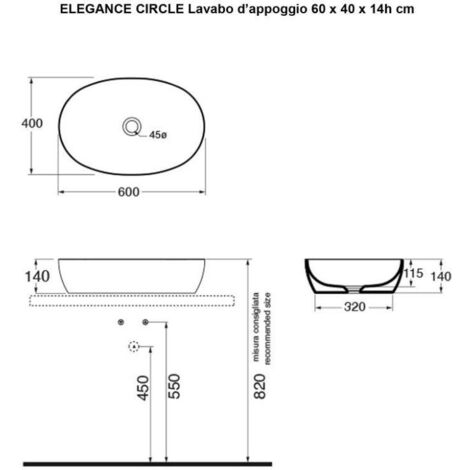 Lavabo Elegance appoggio cm. 60x45 senza foro quadrato bianco