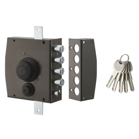 Thirard – Serrure en applique 3 points à bouton – Coffre et gâche acier – Protection cylindre par cabochon acier – Pênes diam. 18mm
