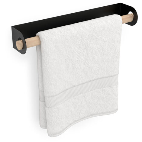 Porte-serviettes de salle de bain adhésif en acier-bois et finition noir mat - hêtre Poids maximum : 5 kg Dimensions 45x7x9,3 cm Comprend un adhésif extra fort à fixer au mur (1/4)