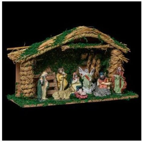 Crèche de Noël avec 9 santons - L 38 cm x l 14.5 cm - Bois - Livraison gratuite