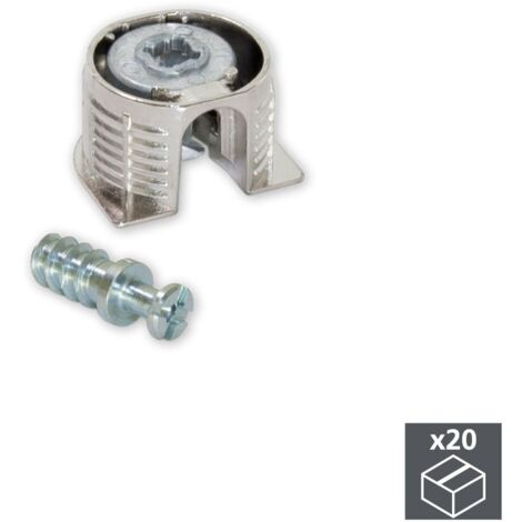 Emuca – Lot de 20 attaches et goujons pour fixation tablette – Attaches 20mm et 12.5mm – Goujons 6mm et 8mm – Zamak et acier nickelé