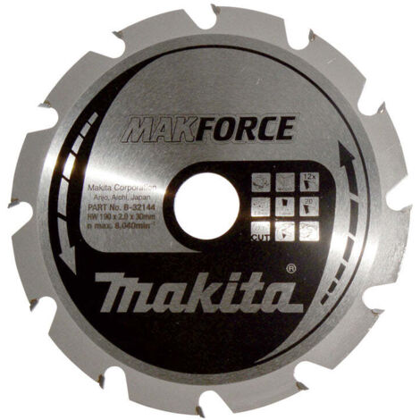 Makita – Lame de scie circulaire 190mm – 12 dents carbure pour bois dur – Alésage 30mm – Coupe nette et précise – B32144