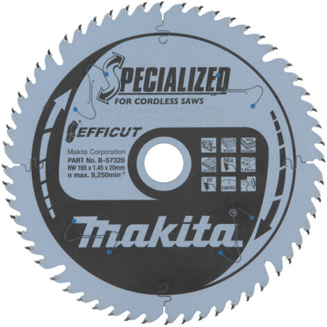 Makita – Lame de scie circulaire 165 mm – Alésage 20 mm – 56 dents pour bois dur – Technologie EFFICUT pour coupes nettes - B-57336