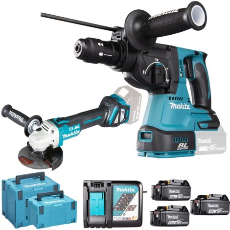 Makita – Ensemble d'outils électroportatifs 18V avec 3 batteries 5Ah – Perceuse à percussion et meuleuse – DLX2256TJ1 – Pour maçonnerie et métal