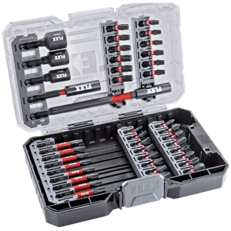 Flex – Set de 41 embouts pour visseuse – Acier trempé – Embouts Torx, Phillips, Pozidriv – Supports magnétiques inclus – Boîte de rangement verrouillable