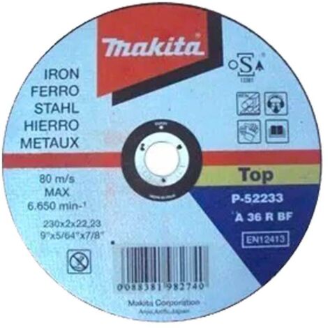 Makita – Disque à lamelles 230 mm – Épaisseur 2 mm – Alésage 22,23 mm – Vitesse max 6 650 tr/min – Pour acier doux et aluminium – P52233
