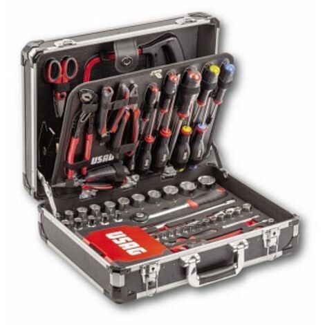 Usag – Coffret multi-outils 16 douilles 1/2' et 1/4' – U00020011 – Valise aluminium avec 3 panneaux porte-outils – Outils pour maintenance professionnelle