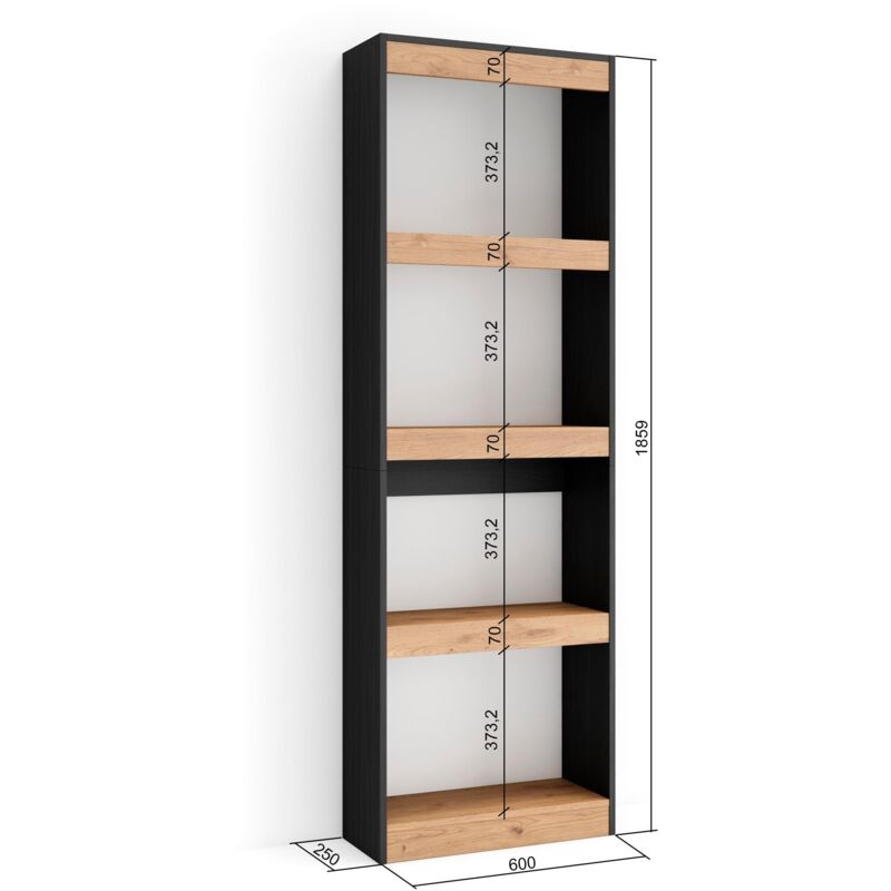 Libreria scaffale, 170x186x25cm, Soggiorno - Ufficio, Per libri, Rovere e  nero