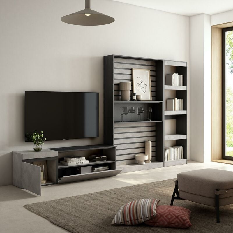 Skraut Home - Mobile Soggiorno TV - Parete Attrezzata Soggiorno -  320x186x35cm - Set di mobili - Stile moderno - Cemento