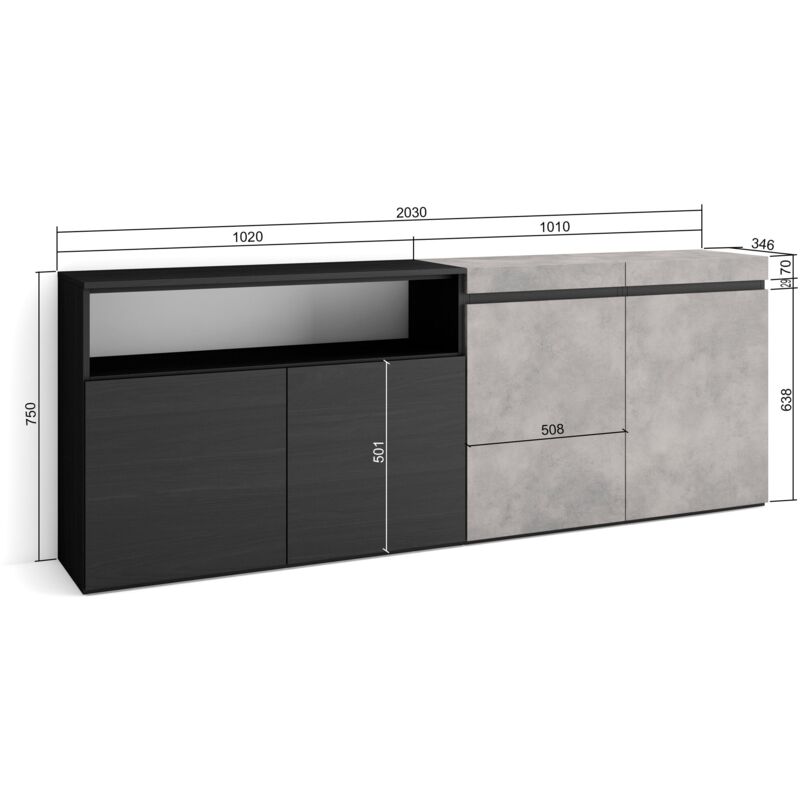 Skraut Home Credenza, Mobile, Cucina Madia, mobile ingresso 200x75x35cm 4  Porte grande stoccaggio Stile moderno Cemento