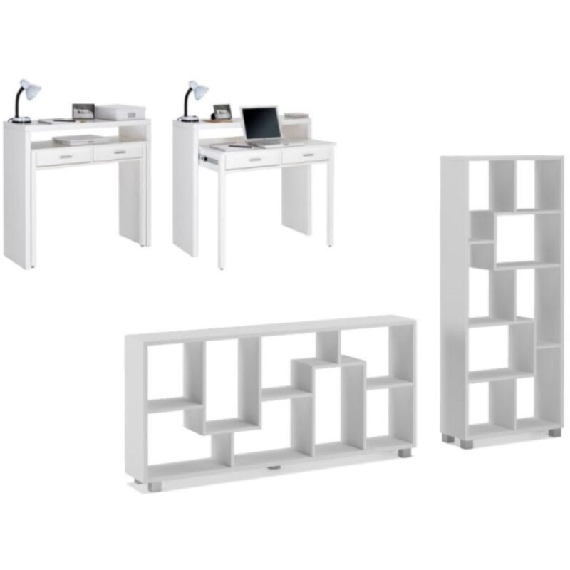 Skraut Home - Set Scrivania allungabile bianca -libreria bianca. Scrivania  98,6x86,9x36- 70cm Libreria: 68,5x161x25cm