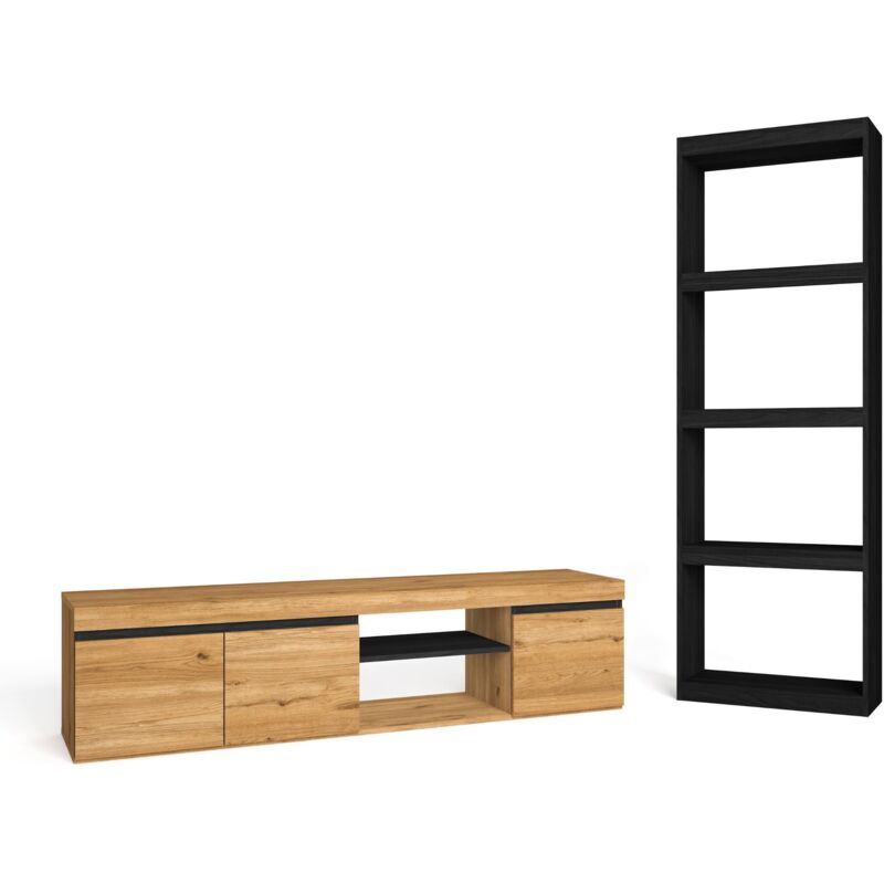 Skraut Home - Set NATURALE - Soggiorno - Sala da pranzo - Ufficio - Mobili  componibili - Mobile TV 160cm Rovere/Nero - Libreria Nera - Stile moderno