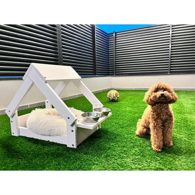 Skraut Home - Cuccia - Nicchia interna-esterna per cani colore bianco -  Letto in legno naturale FSC per cani e gatti piccoli e medi - Casa per  animali - 2 supporti per ciotola. 76x44x55cm