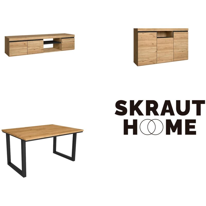 Skraut Home - Set di mobili per il soggiorno - Tavolo 140 piedi U 6  commensali - Mobile TV 160 - Madia / Credenza 140 - Rovere e Nero - Stile  industriale