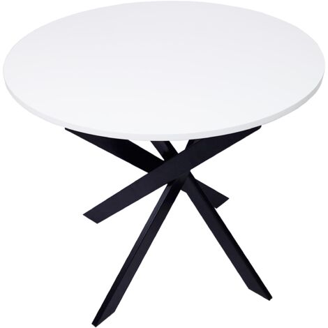 Skraut Home - Tavolo da pranzo fisso rotondo, Modello ZEN, 90 x 90 x 77 cm di altezza, Capacità per 4 persone, Materiali resistenti, Colore bianco opaco, Gambe in metallo laccato nero opaco