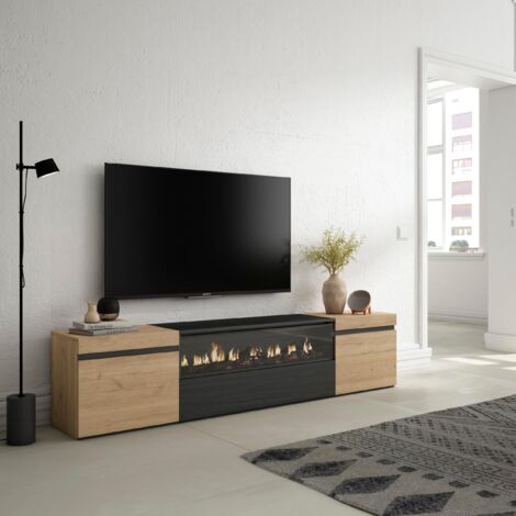 Skraut Home - Mobile TV Soggiorno, Ampio spazio a disposizione, 200x45x35cm, Per TV fino a 80", Camino elettrico, Stile moderno, Rovere e nero