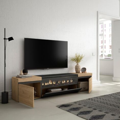 Skraut Home - Mobile TV Soggiorno, Ampio spazio a disposizione, 200x45x35cm, Per TV fino a 80", Camino elettrico, Stile moderno, Rovere e nero