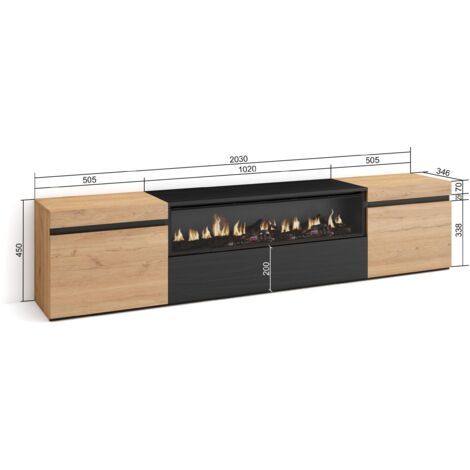 Skraut Home - Mobile TV Soggiorno, Ampio spazio a disposizione, 200x45x35cm, Per TV fino a 80", Camino elettrico, Stile moderno, Rovere e nero