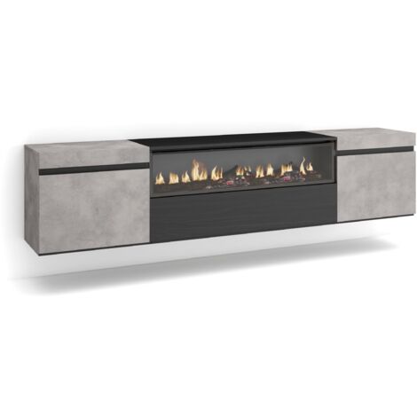 Skraut Home - Mobile TV Soggiorno, Ampio spazio a disposizione, 200x45x35cm, Per TV fino a 80", Camino elettrico, Sospeso, da appendere, Stile moderno, Grigio Cemento (1/5)