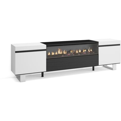 Skraut Home - Mobile TV Soggiorno, Ampio spazio a disposizione, 200x57x35cm, Per TV fino a 80", Camino elettrico, Design industriale, Stile moderno, Bianco e nero (1/5)