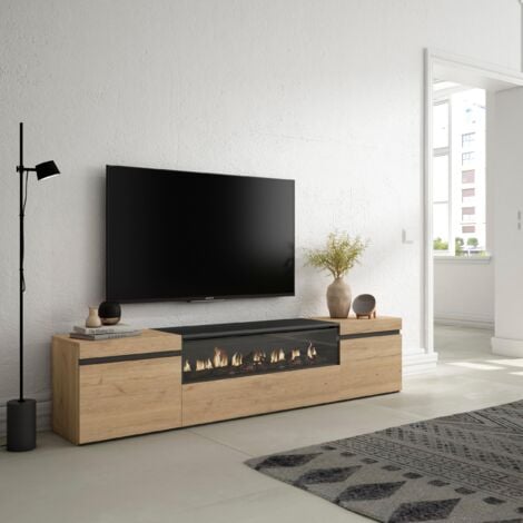 Skraut Home - Mobile TV Soggiorno, Ampio spazio a disposizione, 200x45x35cm, Per TV fino a 80", Camino elettrico, Stile moderno, Rovere e nero