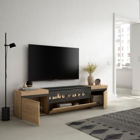 Skraut Home - Mobile TV Soggiorno, Ampio spazio a disposizione, 200x45x35cm, Per TV fino a 80", Camino elettrico, Stile moderno, Rovere e nero