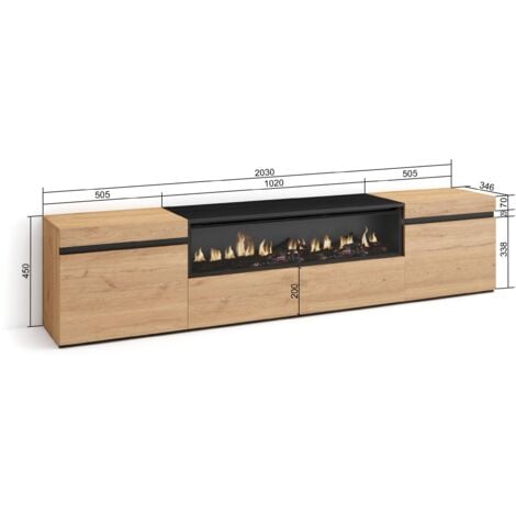 Skraut Home - Mobile TV Soggiorno, Ampio spazio a disposizione, 200x45x35cm, Per TV fino a 80", Camino elettrico, Stile moderno, Rovere e nero
