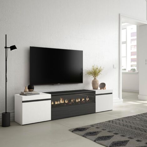 Skraut Home - Mobile TV Soggiorno, Ampio spazio a disposizione, 200x45x35cm, Per TV fino a 80", Camino elettrico, Stile moderno, Bianco e nero