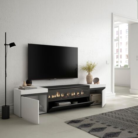 Skraut Home - Mobile TV Soggiorno, Ampio spazio a disposizione, 200x45x35cm, Per TV fino a 80", Camino elettrico, Stile moderno, Bianco e nero