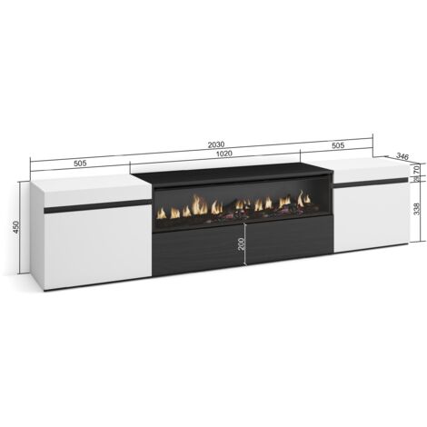 Skraut Home - Mobile TV Soggiorno, Ampio spazio a disposizione, 200x45x35cm, Per TV fino a 80", Camino elettrico, Stile moderno, Bianco e nero