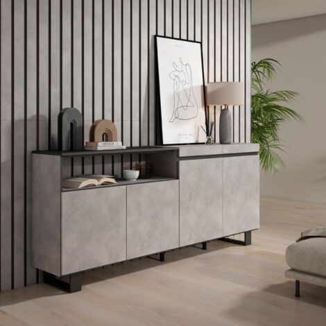 Credenza 140x40x85,9 cm, Mobile da Cucina, Madia, Design unico dell'anta del Mobile, Mobile Buffet Indipendente, Mobile Soggiorno Sala da Pranzo con Gambe in Metallo Stabili, Bianco/Blu scuro