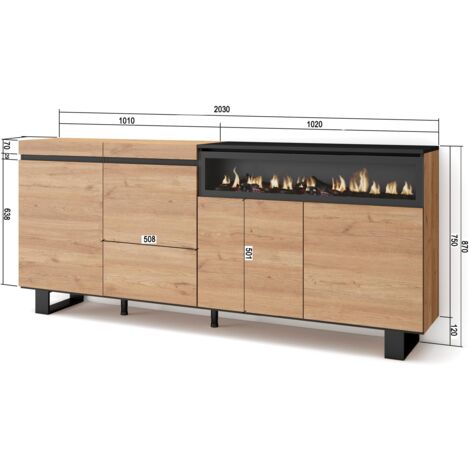 Skraut Home - Credenza, Mobile, Cucina, Madia, mobile ingresso,  200x87x35cm, 4 Porte, Camino elettrico, Design industriale, Stile