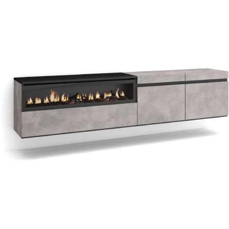 Skraut Home - Mobile TV Soggiorno, Ampio spazio a disposizione, 200x45x35cm, Per TV fino a 80", Camino elettrico, Sospeso, da appendere, Stile moderno, Grigio Cemento (1/5)