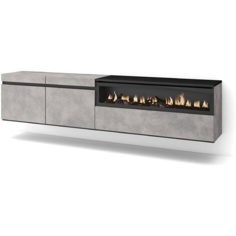 Skraut Home - Mobile TV Soggiorno, Ampio spazio a disposizione, 200x45x35cm, Per TV fino a 80", Camino elettrico, Sospeso, da appendere, Stile moderno, Grigio Cemento (1/5)