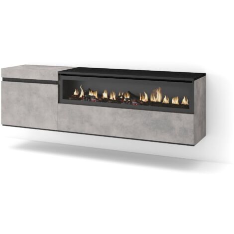 Skraut Home - Mobile TV Soggiorno, Ampio spazio a disposizione, 150x45x35cm, Per TV fino a 65", Camino elettrico, Sospeso, da appendere, Stile moderno, Grigio Cemento (1/5)