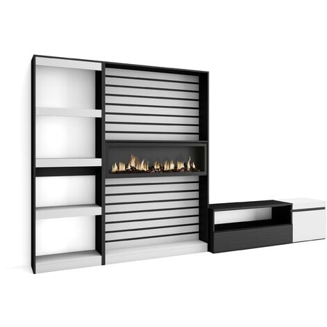 Skraut Home - Mobile Soggiorno TV - Parete Attrezzata Soggiorno -  320x186x35cm - Camino elettrico - Stile moderno - Bianco e nero