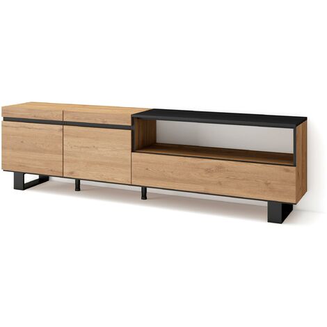 Skraut Home - Mobile TV Soggiorno, Ampio spazio a disposizione, 200x57x35cm, Per TV fino a 80", Design industriale, Stile moderno, Rovere e nero (1/5)