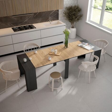 Skraut Home - Consolle allungabile, Tavolo consolle allungabile , 260, Per 12 persone,  Tavolo da pranzo, Stile moderno, Nero e rovere
