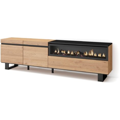 Skraut Home - Mobile TV Soggiorno, Ampio spazio a disposizione, 200x57x35cm, Per TV fino a 80", Camino elettrico, Design industriale, Stile moderno, Rovere e nero (1/5)