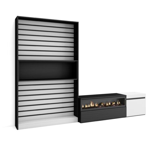 Skraut Home - Mobile Soggiorno TV, Parete Attrezzata Soggiorno, 260x186x35cm, Per TV fino a 65", Camino elettrico, Stile moderno, Bianco e nero (1/5)