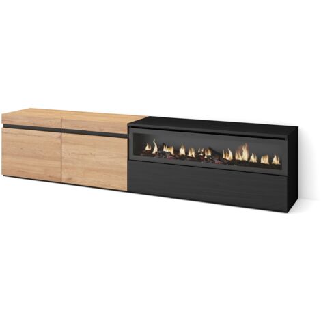 Skraut Home - Mobile TV Soggiorno, Ampio spazio a disposizione, 200x45x35cm, Per TV fino a 80", Camino elettrico, Stile moderno, Rovere e nero (1/5)