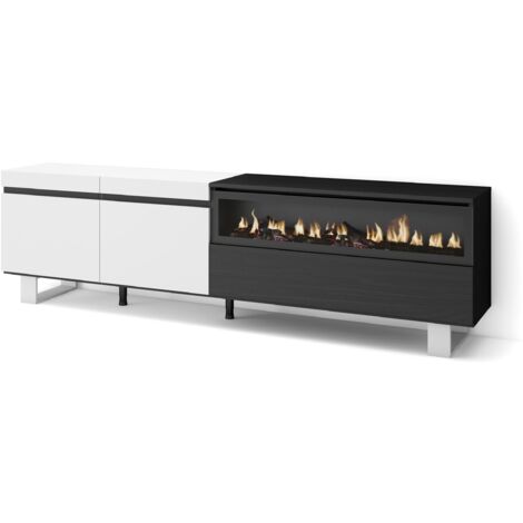 Skraut Home - Mobile TV Soggiorno, Ampio spazio a disposizione, 200x57x35cm, Per TV fino a 80", Camino elettrico, Design industriale, Stile moderno, Bianco e nero (1/5)