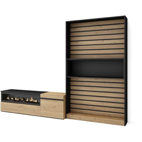 Skraut Home - Mobile Soggiorno TV, Parete Attrezzata Soggiorno, 260x186x35cm, Per TV fino a 65", Camino elettrico, Stile moderno, Rovere e nero (1/5)